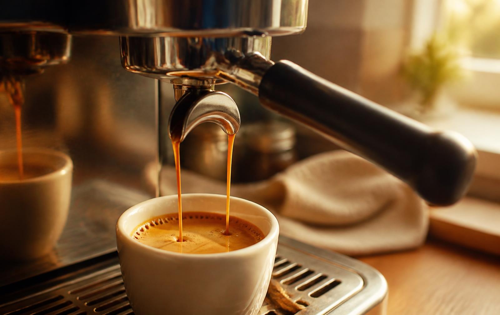 Espresso pouring into a cup on a home kitchen counter in morning light